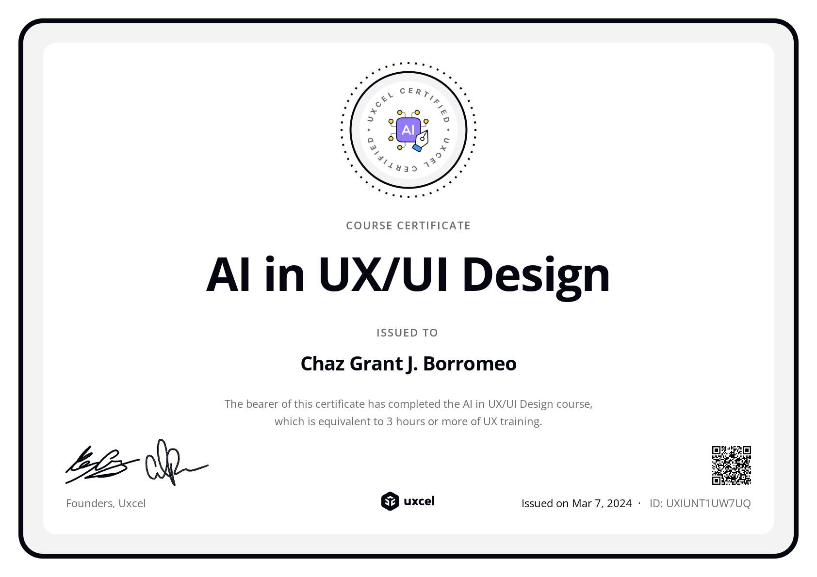 Chaz Grant J. Borromeo's certificate